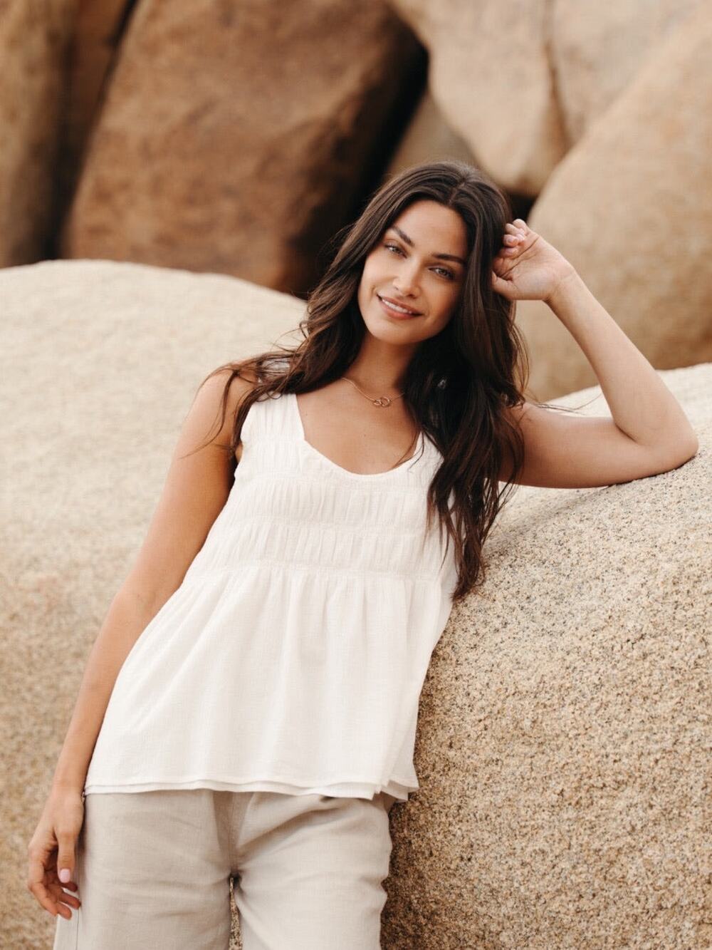 Women's Sleeveless Smocked Yoke Tank Top - White